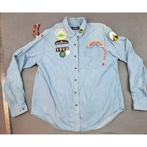 Vintage Lands Ends Girl Scouts Denim Shirt Large Blue Loaded Y2K Patches Pins